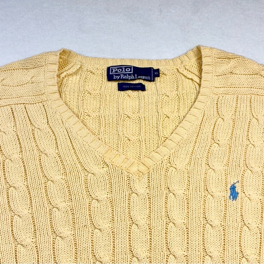 Polo Ralph Lauren Butter Yellow Cotton Cable Knit V-Neck Sweater Men’s XL